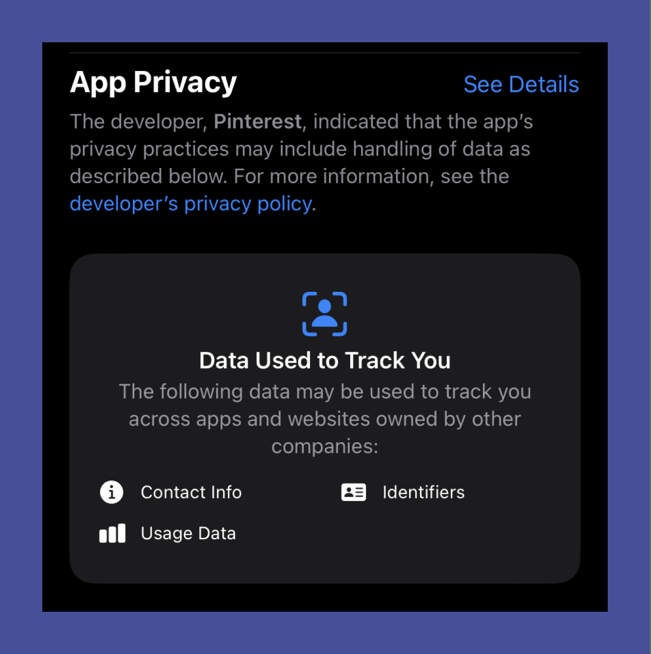 screenshot of the pinterest privacy report on the apple app store